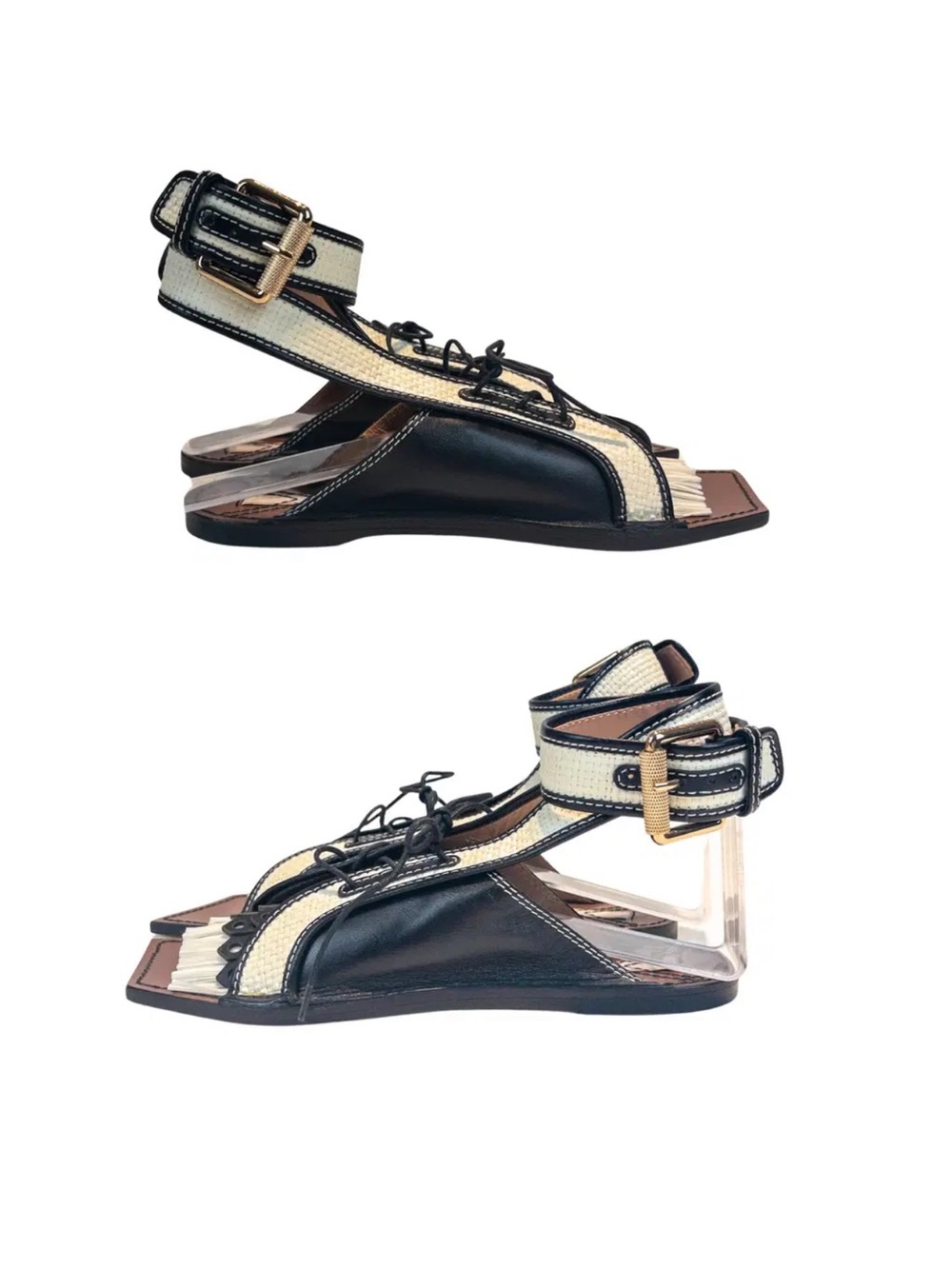 Zimmermann Black and Cream Lace-Up Flat Sandals IT size 38